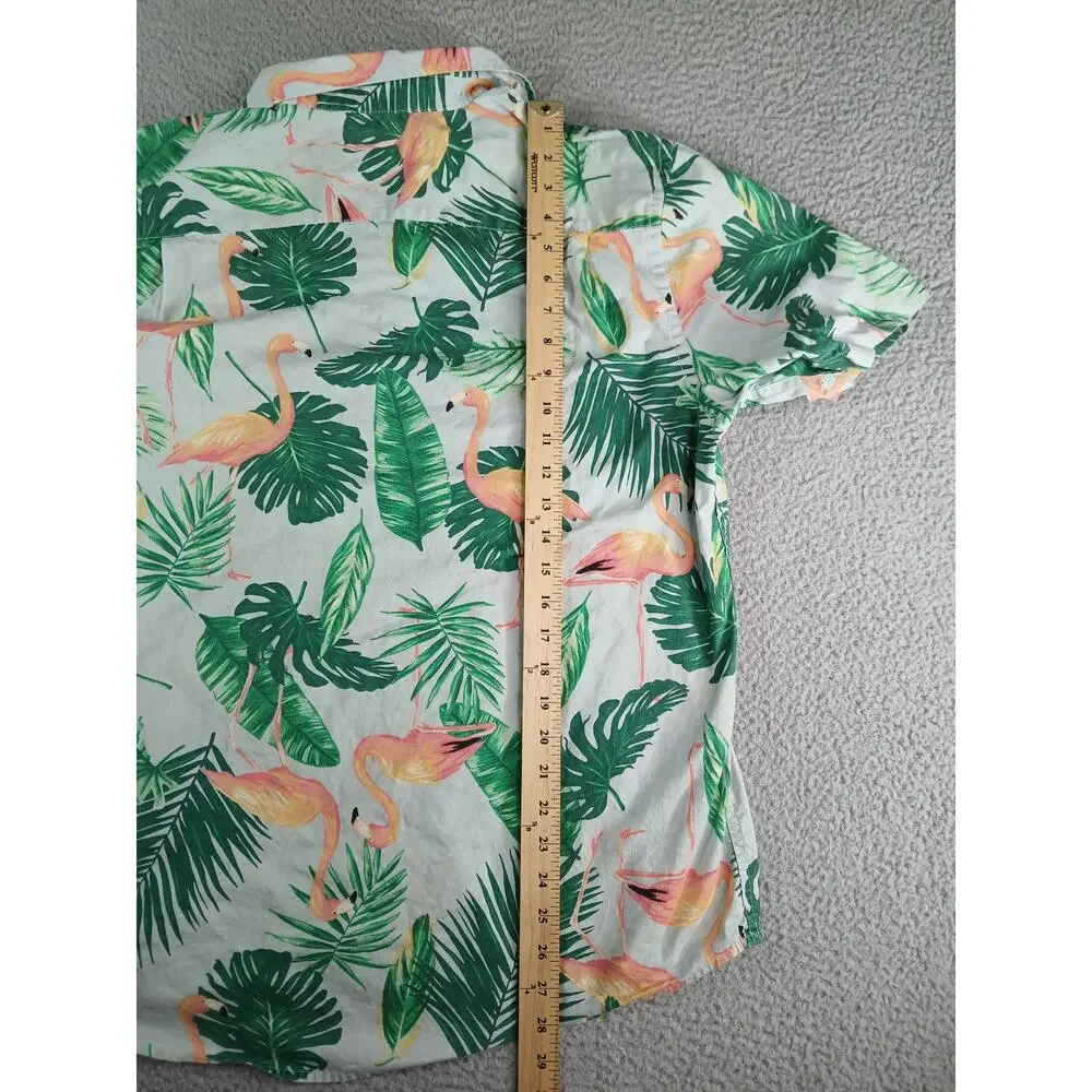 Old Navy Shirt Mens Large Flamingo Green Button Up Tropical Palm 100% Cotton - Picture 6 of 8